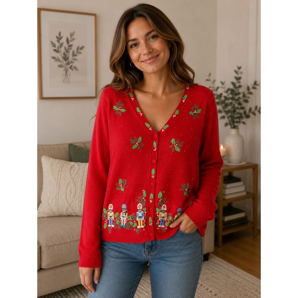BP Design Womens Size Medium Red Christmas Cardigan Nutcracker Embroidered